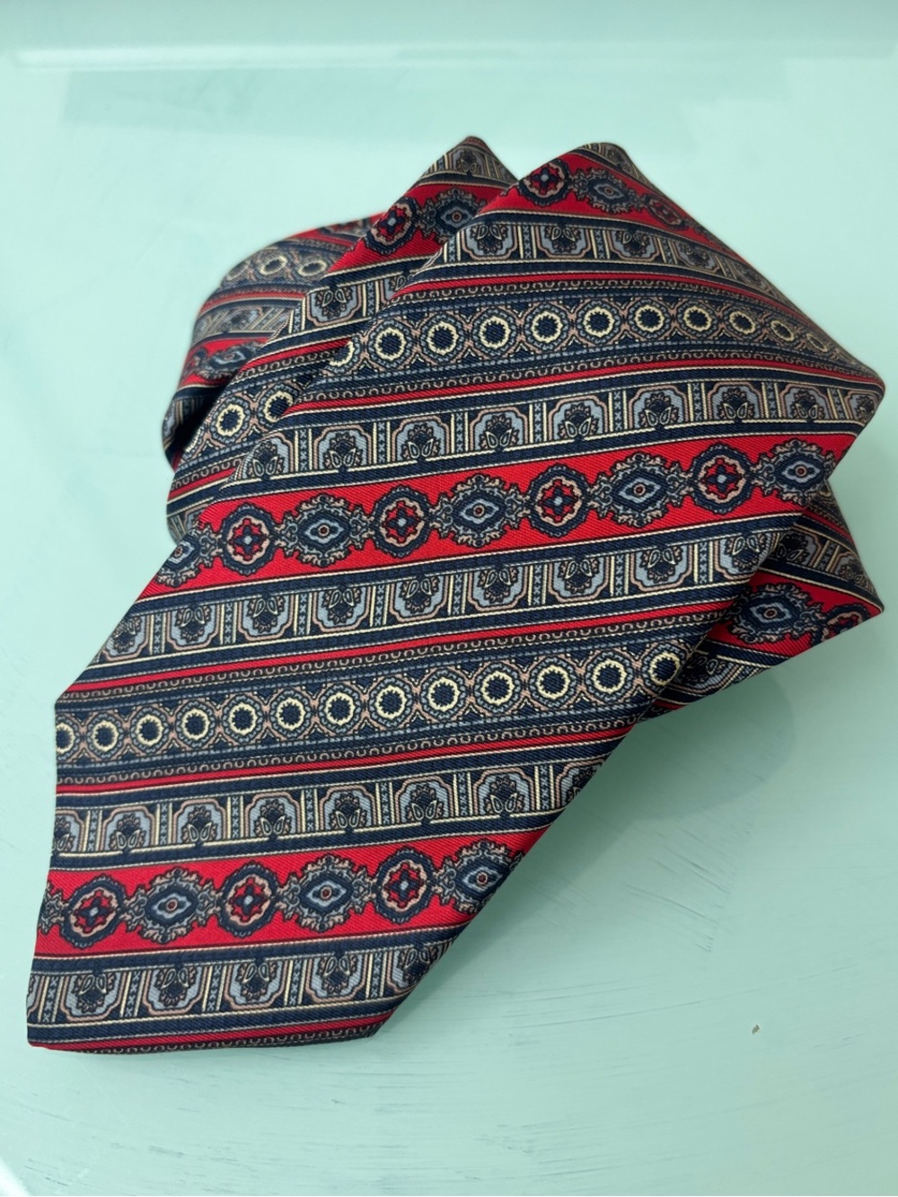 VTG Oleg Cassini Red, Navy and Gold Geometric Medallion Tie